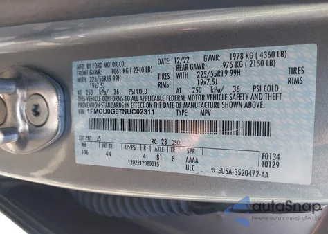 2022 Ford Escape Se z USA, uszkodzony, nr VIN 1FMCU0G67NUC02311